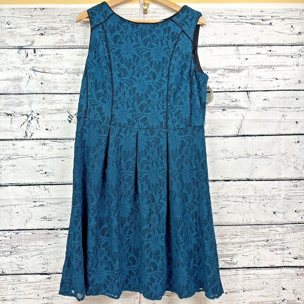 SL Fashions Teal Blue Lace‎ Sleeveless Pleated A-Line Midi Dress [Size 14]